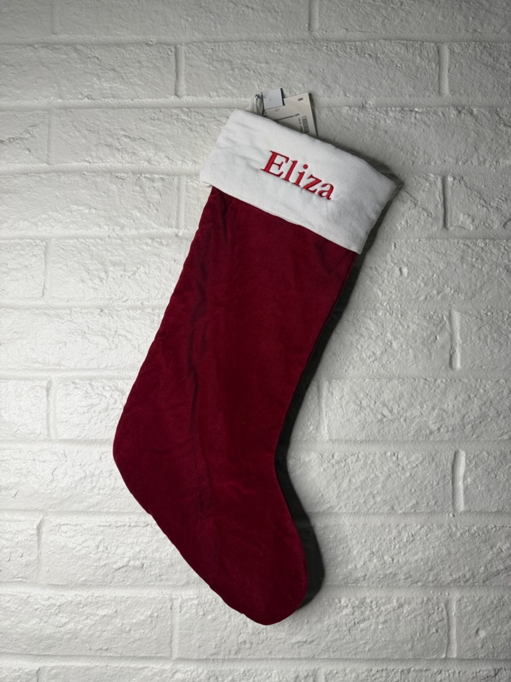 Extra Large Pottery Barn Classic Velvet Stocking Red w/White “Eliza”